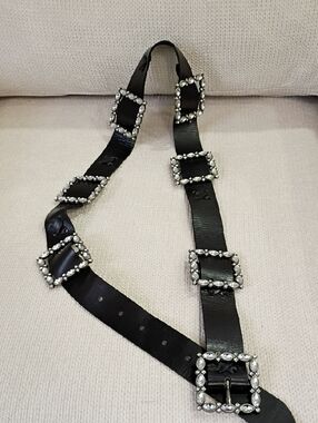Women's Black Leather Belt with Crystal Buckle Accents